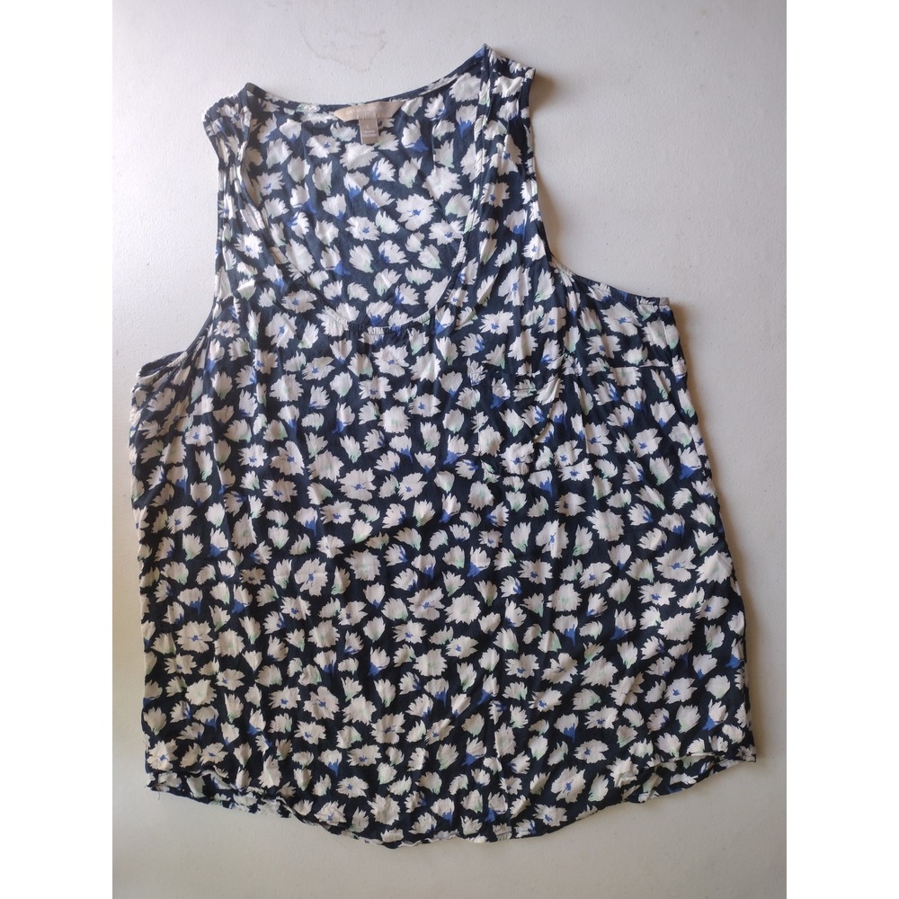 Banana Republic Womens Floral Tank‎ Top Navy Blue White Sleeveless Pocket Large